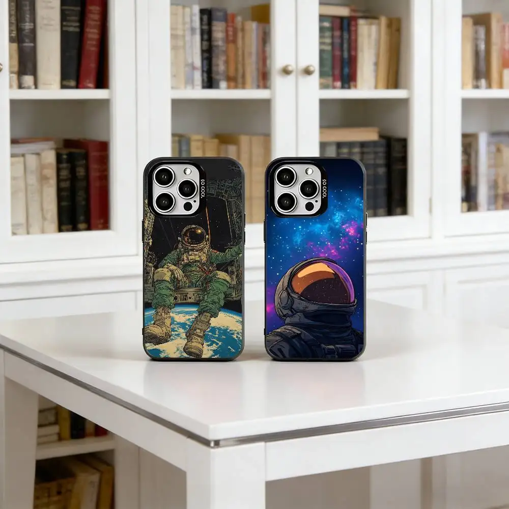 

Retro Astronaut Theme Phone Case For iPhone 17,16,15,14,13,12,11 Plus,Pro Max,XS,Colored Silver Plated Inside Cover