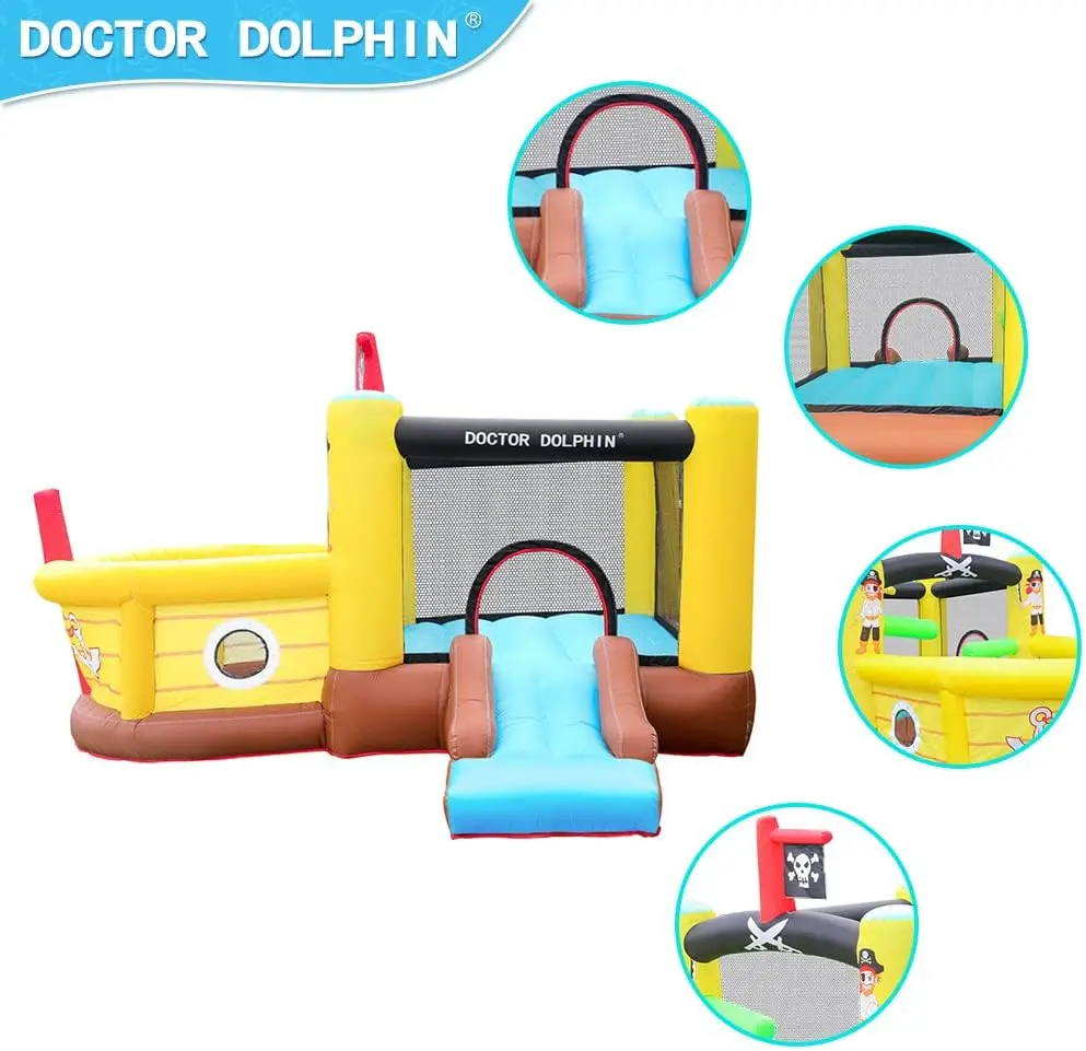 Toboggan gonflable Bounce House avec Obstacles, souffleur, thème de bateau pirate, fosse à balles, cerceau de basket-ball, videurs gonflables pour