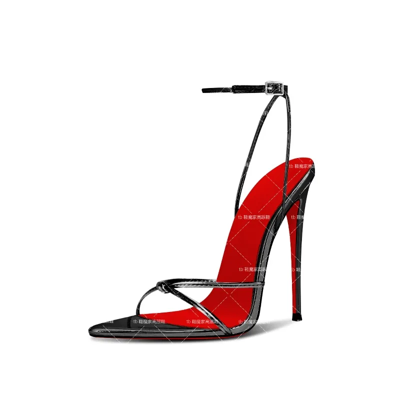 

European Station 12cm pointed strap party high heels women's black sexy straight buckle fashion plus size versatile sandals