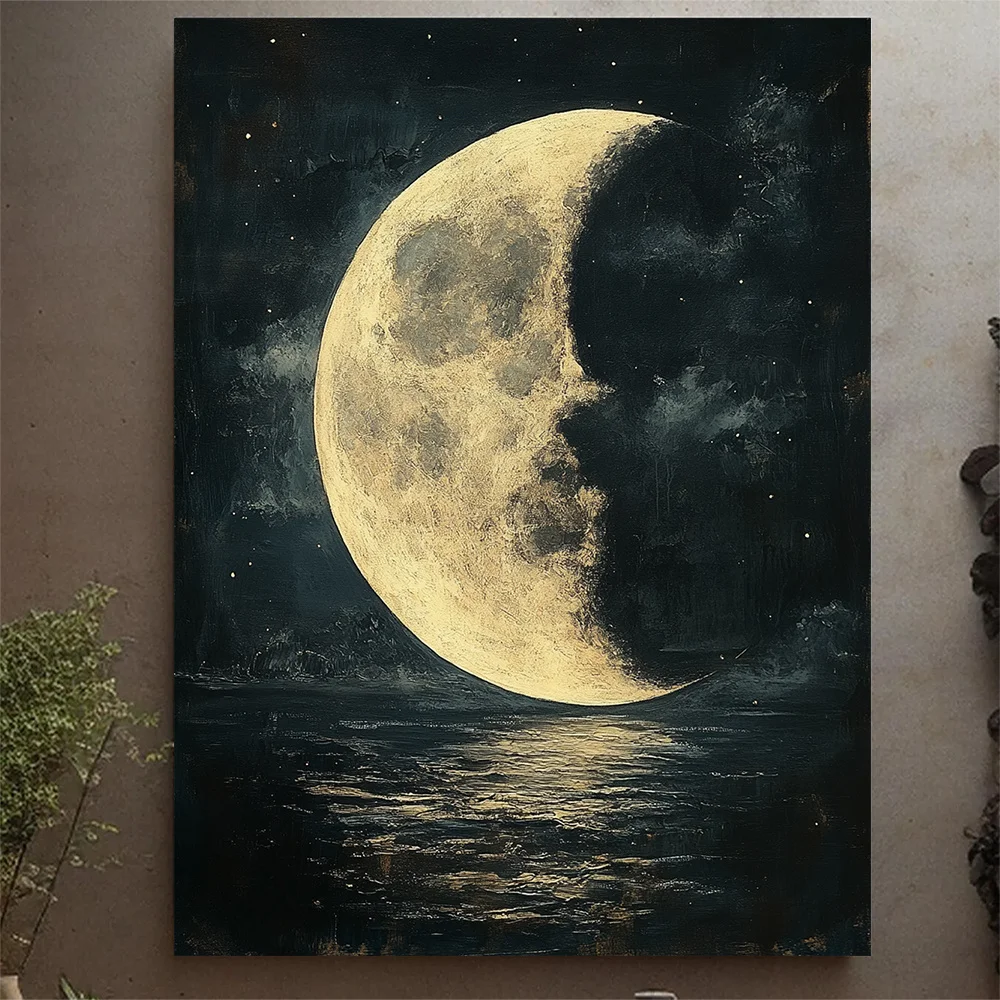 (No frame)1pc Whimsical Silvery Crescent Moon Canvas Print with Frame - 12x16 Inch Surreal Wall Art, Wooden Hook Design, Whim
