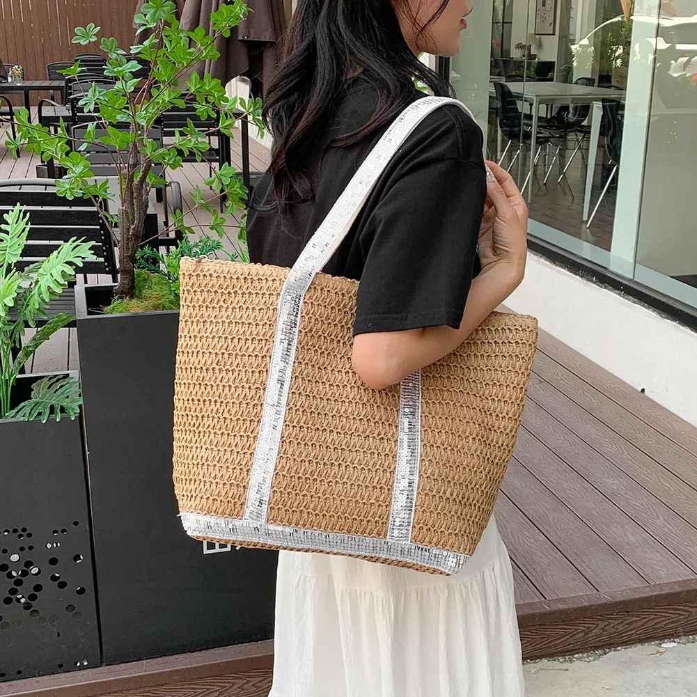 Women\'s Tote Bags Sequin Straw Shoulder Bag Woven Rattan Large Summer Beach Bag Raffia Shopping Bag Purse Straw Crochet Handbags