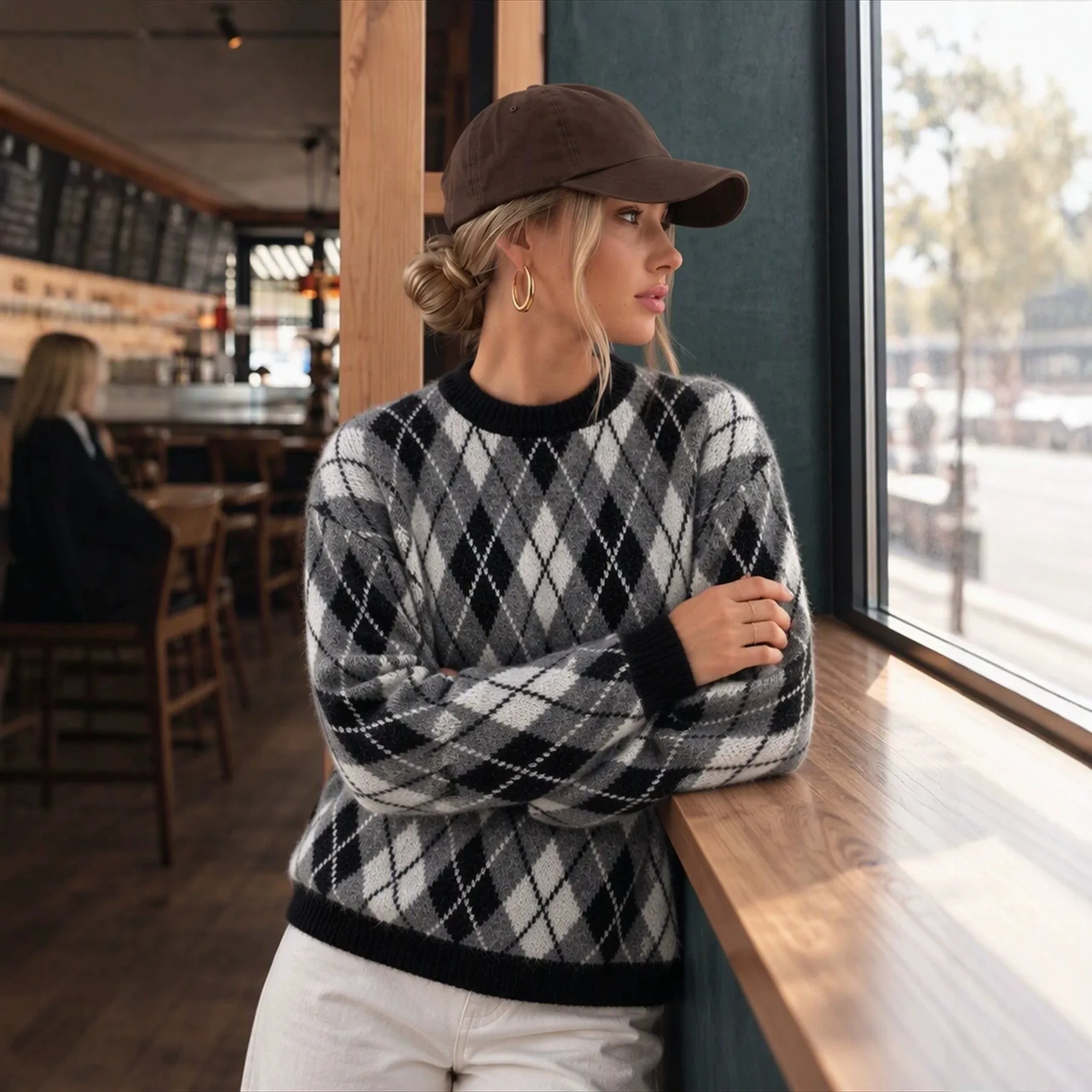 Long Sleeve Pullover Sweater Regular Length Street Style with Winter Medium Weight Casual Halter Neck Single Plaid Women Sweater