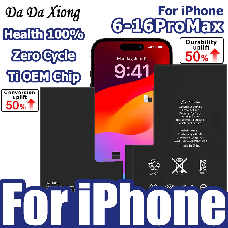 

Battery For iPhone 16 Pro Max Xs Max XR 11 12 13 Mini 15 Plus 14 Health 100% Zero Cycle Best Replacement with Tools New Batteria