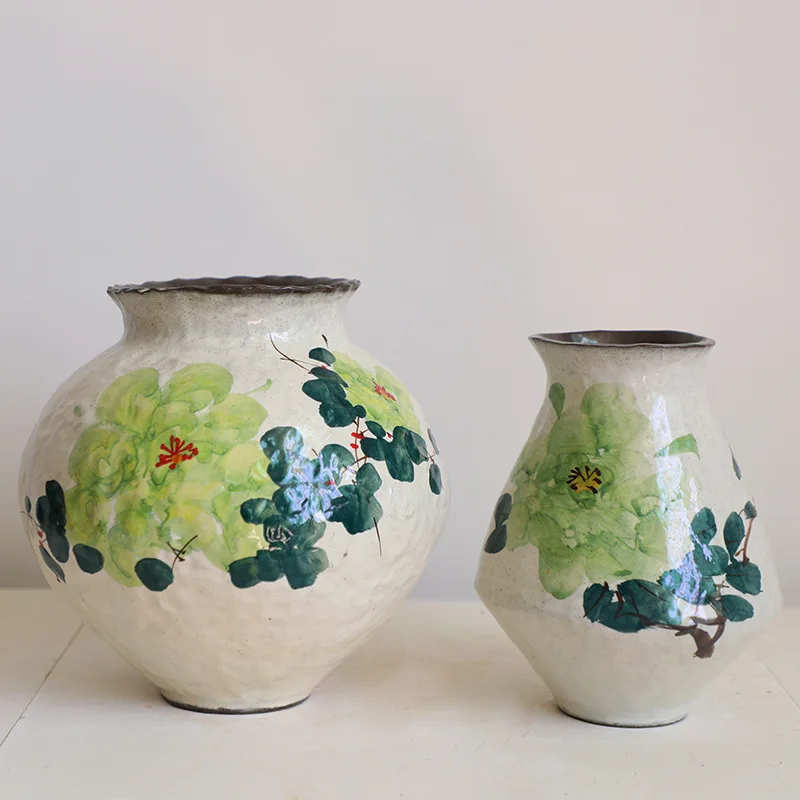 Ceramic Vase Handmade Chinese Watercolor Graffiti Flowers Retro Decorative Earthenware Jars Flower Vase Home Decoration