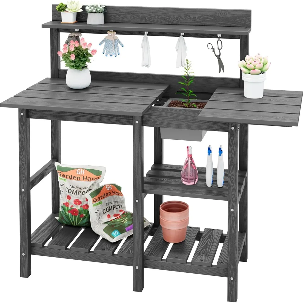 

Potting Bench Outdoor Potting Table with Sink, HDPE Potting Benches for Outside Gardening Table All Weather Use- Gray
