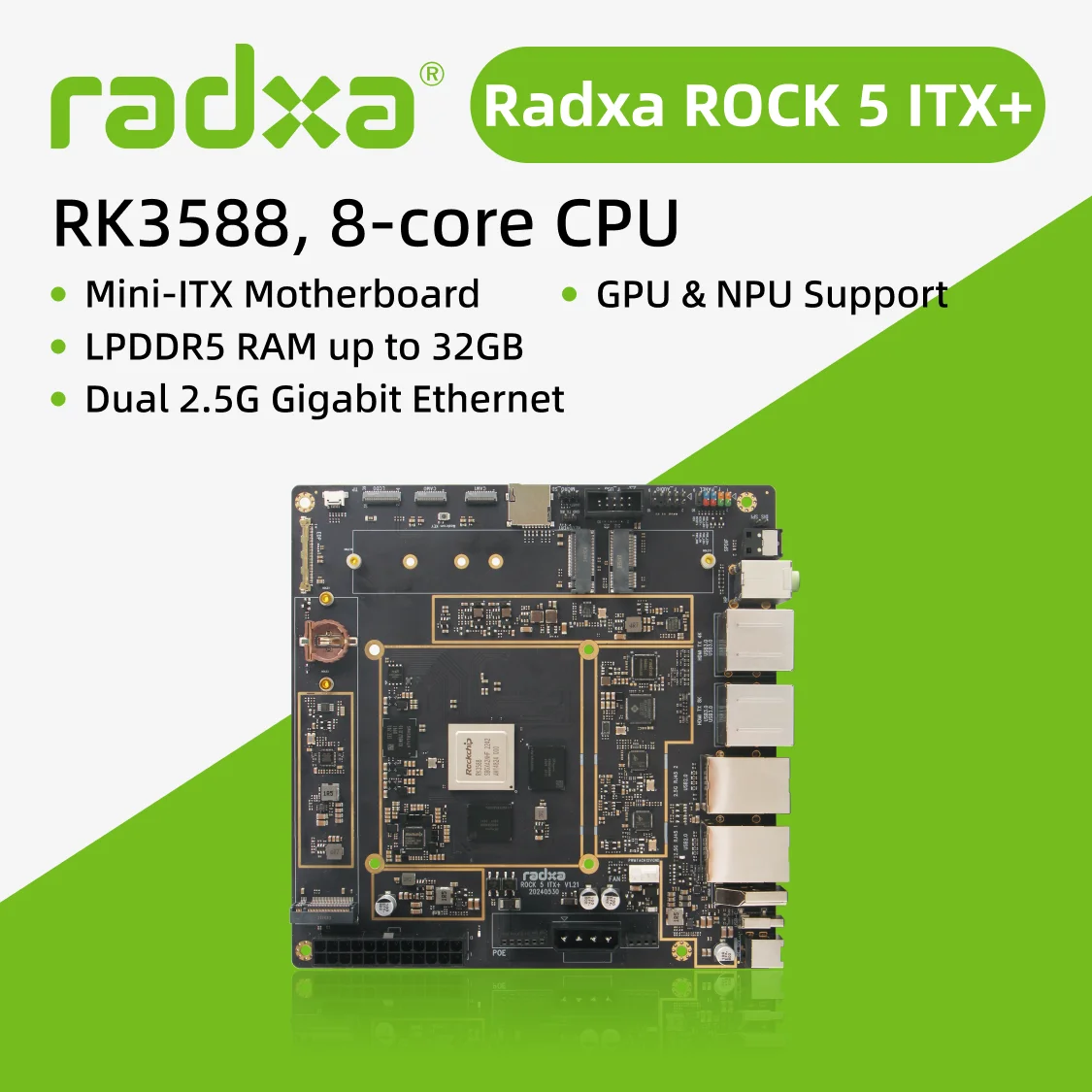 Radxa ROCK 5 ITX +, CPU RK3588 de 8 núcleos, placa-mãe Mini-ITX, RAM LPDDR5, 8K HDMI e conector de chave M.2 M duplo