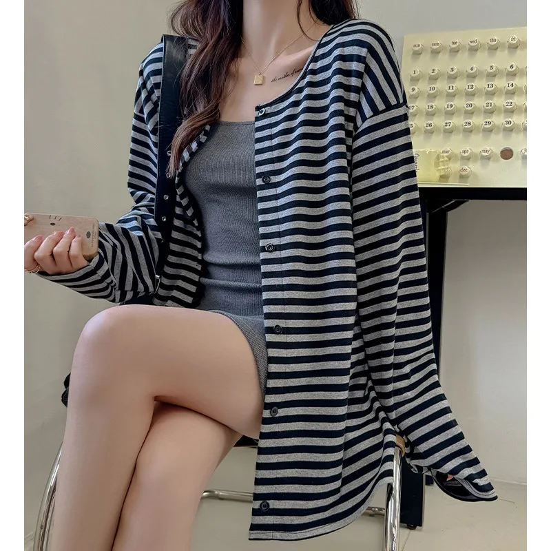 Oversized Loose Ribbed Cardigan Women Vintage Contrast Color Striped Cardigans Outwear Streetwear Single-breasted Knitwear Coat