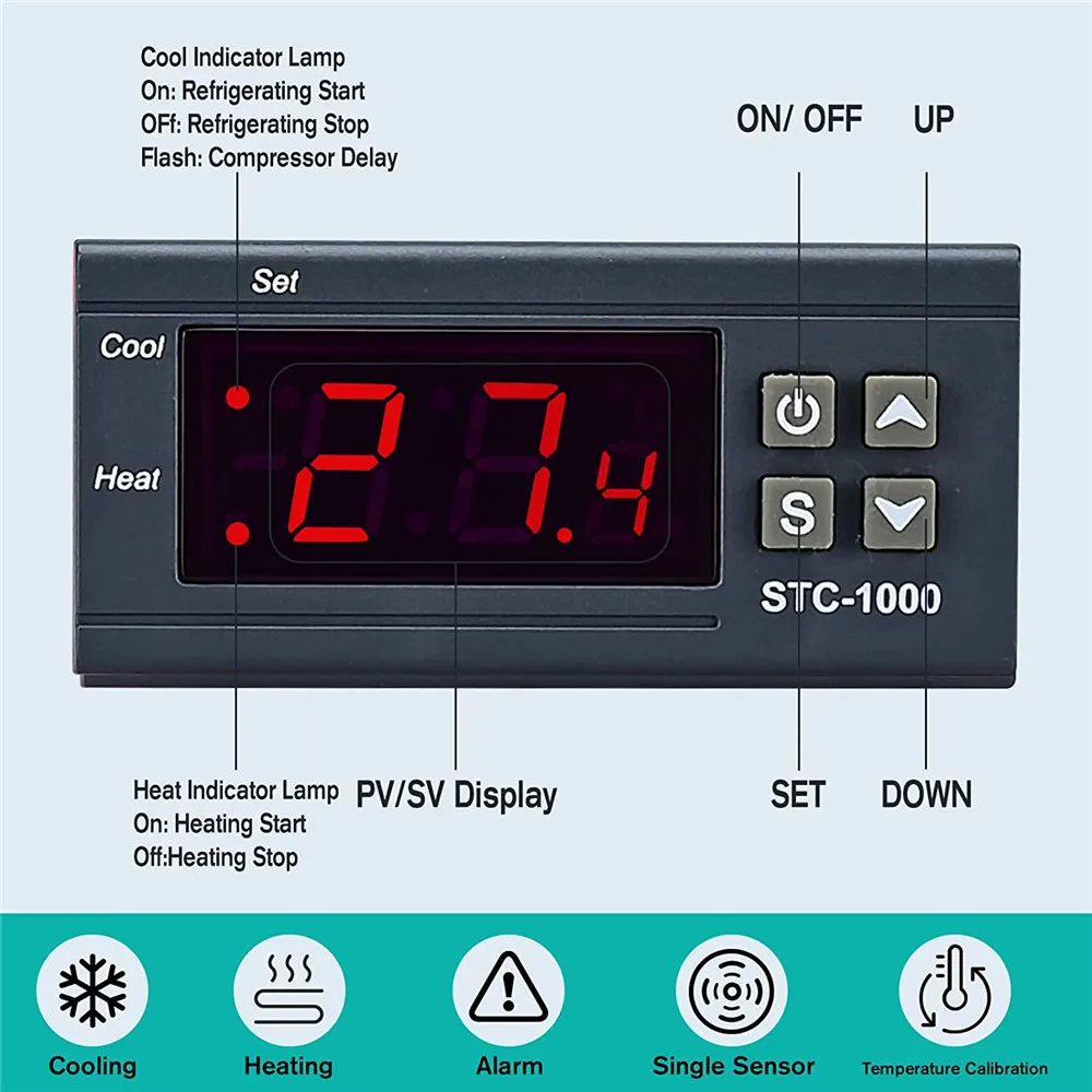 STC-1000 DC 24V Digital LED Temperature Controller Cooling Heating Thermostat 2 Relay Output with NTC Thermistor Sensors Probe