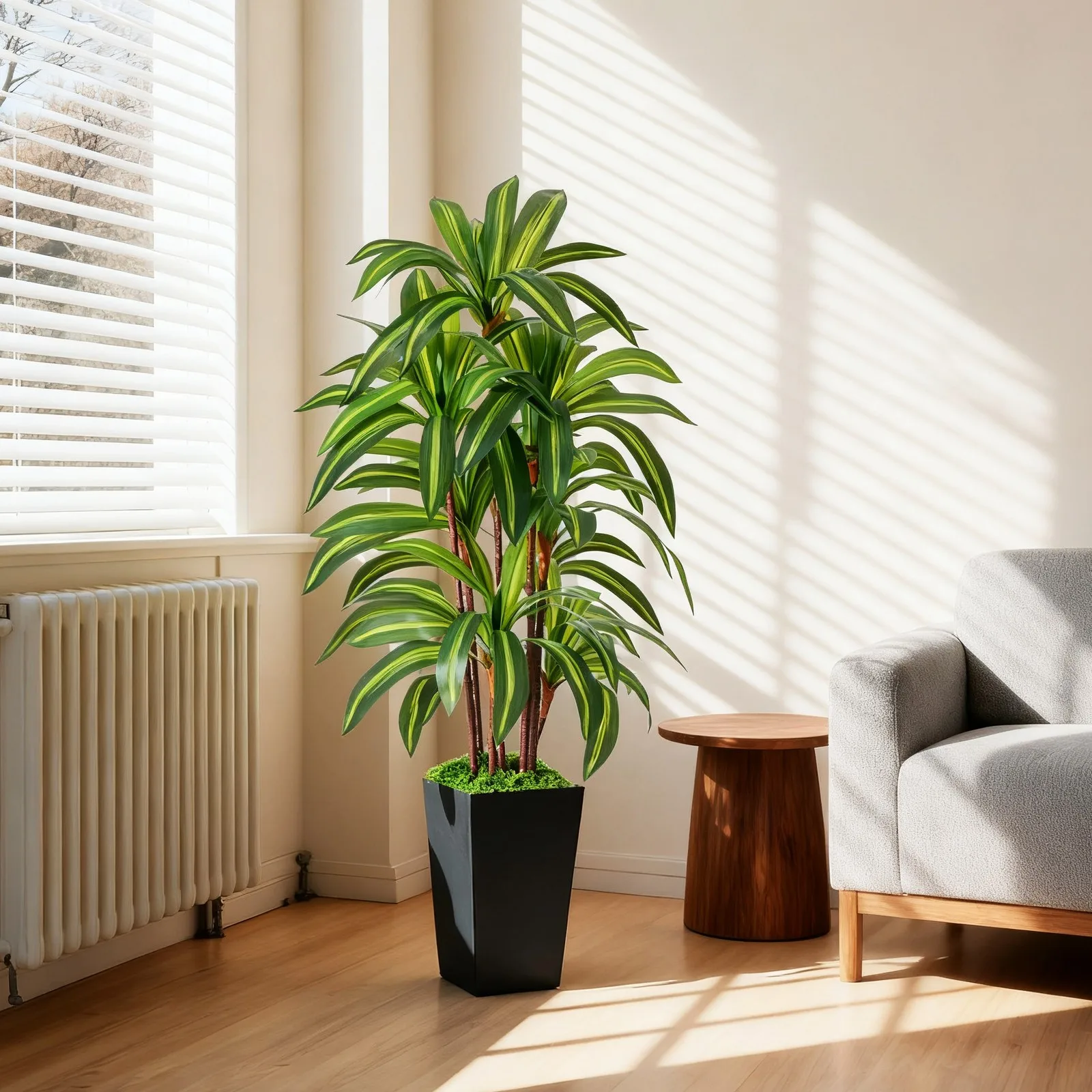 Artificial Dracaena Tree with Lights, 5Ft Fake Plants with Black Tall Planter