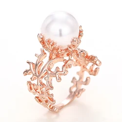 Huitan Aesthetic Big Imitation Pearl Women Rings Temperament Elegant Female Accessories for Party Exquisite Gift Trendy Jewelry