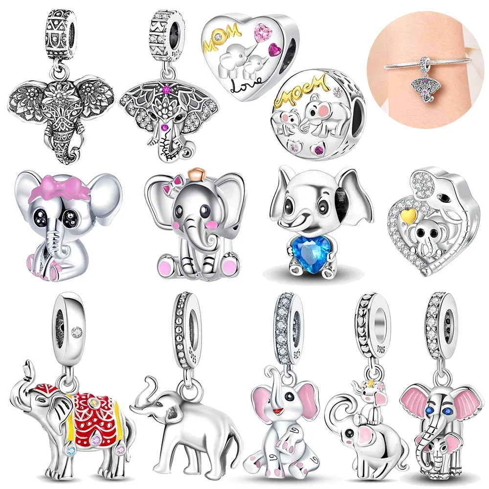 Creative 925 Sterling Silver Large Ear Flower Fang Elephant Charm Fit  Bracelet Women's Pet Party Jewelry Accessories