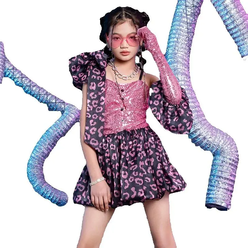 Kids Hip Hop Clothing Cute Sequins Party Dress Girls Group Jazz Dance Kpop Outfits Children Stage Street Dance Costume XS8702