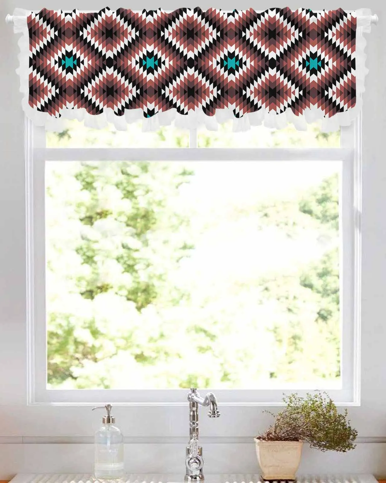 

Bohemian Aztec Morocco Brown Short Tulle Half Curtains for Living Room Kitchen Door Cafe Window Sheer Valance Drapes