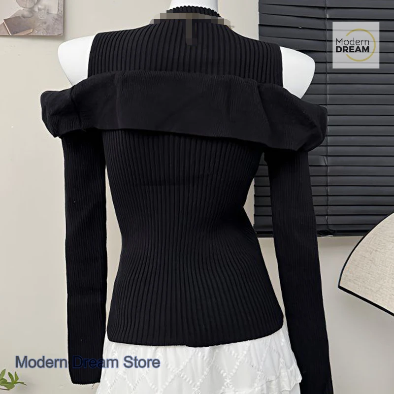 سترة فرنسية نقية مكشوفة الكتف بأكمام طويلة للنساء للربيع والخريف على الطراز الغربي قميص قاع نحيف يقلل من العمر #2