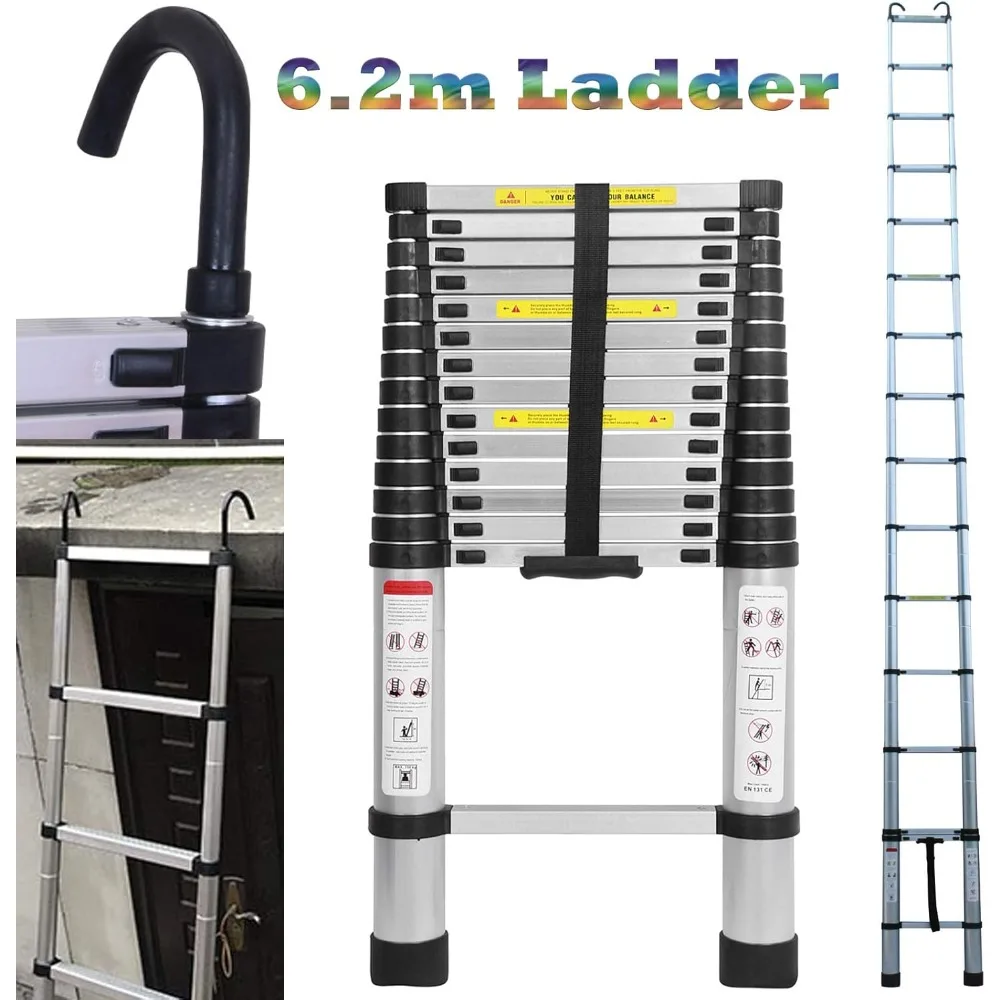 

20ft Extension Ladder Aluminum DIY Telescoping Ladder for Home Trade Indoor Outdoor, Non-Slip Rubber Feet 15 Steps Height