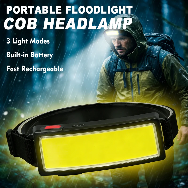 Lanterna de Cabeça COB LED Potente com 4 Modos de Iluminação, Carregamento Rápido, À Prova D'água para Acampamento, Pesca e Holofote