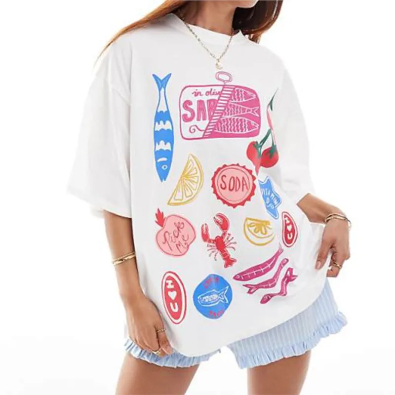 Camiseta de algodón con cuello redondo para mujer, blusa de manga corta con estampado gráfico, camiseta informal cómoda