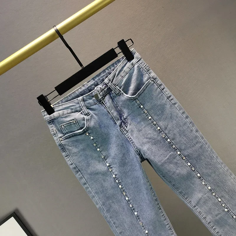 Cintura alta estiramento pérola denim calças femininas primavera 2023 novo ajuste fino diamante-cravejado frisado queimado jeans feminino