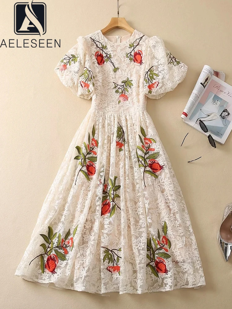 AELESEEN Runway Fashion Women Dress High Quality Puff Sleeve Luxury Red Flower Embroidery Lace Mesh Elegant Midi Party Vacation