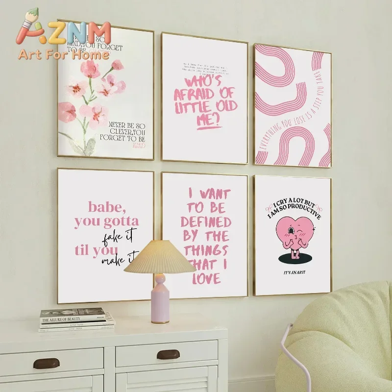 Pink Floral Poster Girly and Inspirational Wall Art Canvas Print Decorative Painting Home Decor for Bedroom Living Room Hallway