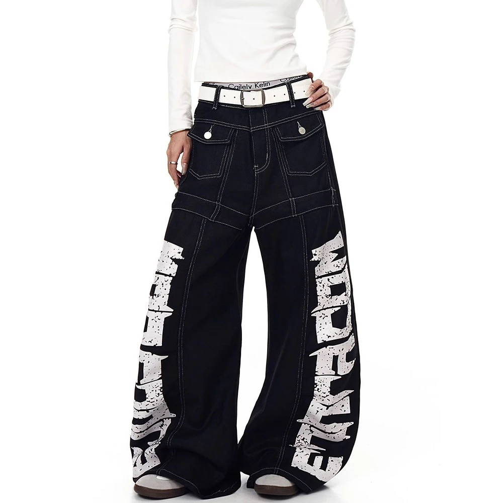 2025 Winter New Men's Letter Print Wide-Leg Jeans American Retro Fashion Trend Street Hip Hop Casual Loose Men's Bottoms