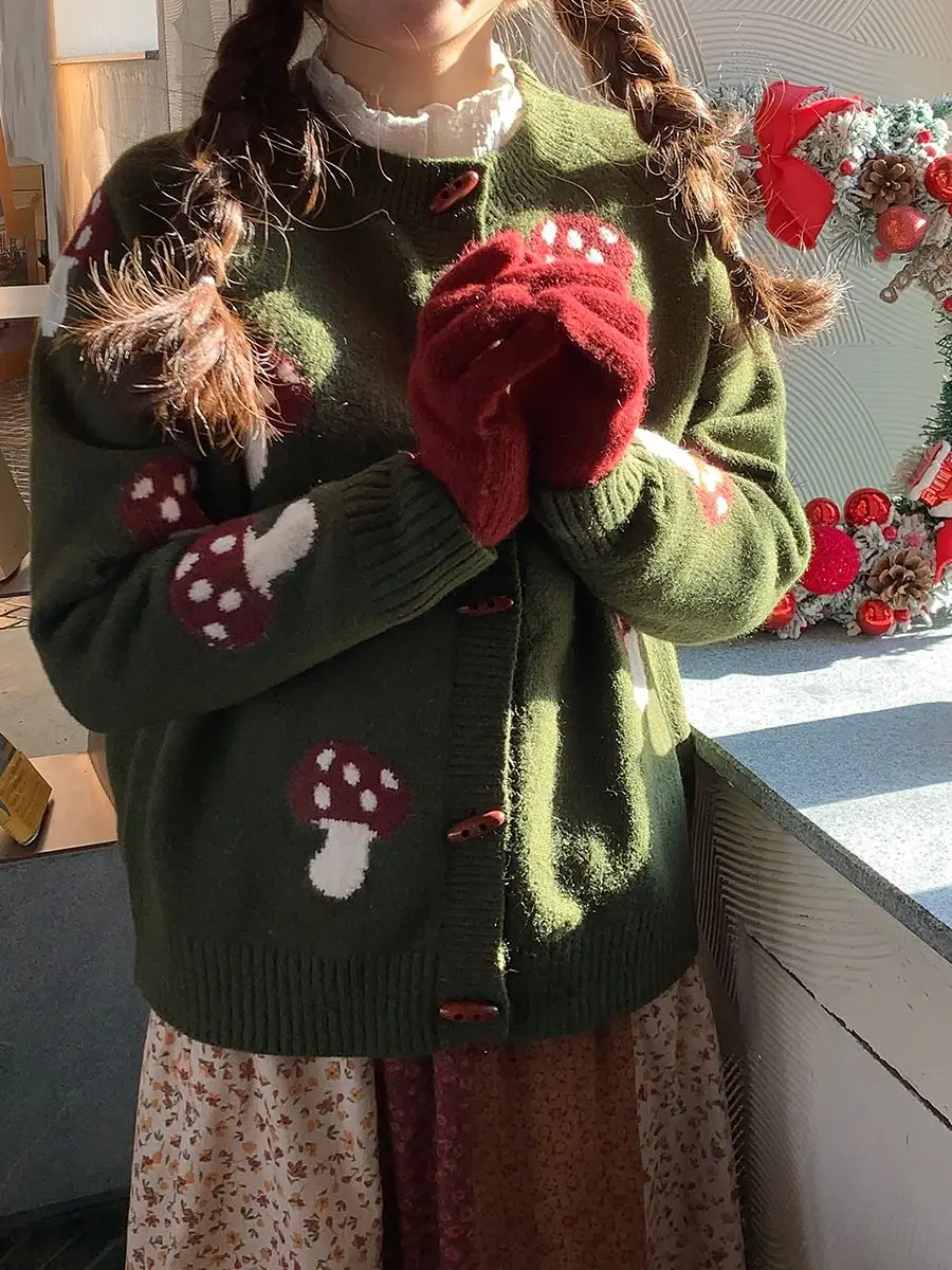 

Y2K Harajuku брендовый свитер с роговими пуговицами, милый вязаный кардиган с грибами, корейская зимняя верхняя одежда, милый зеленый трикотаж, студенческие девушки