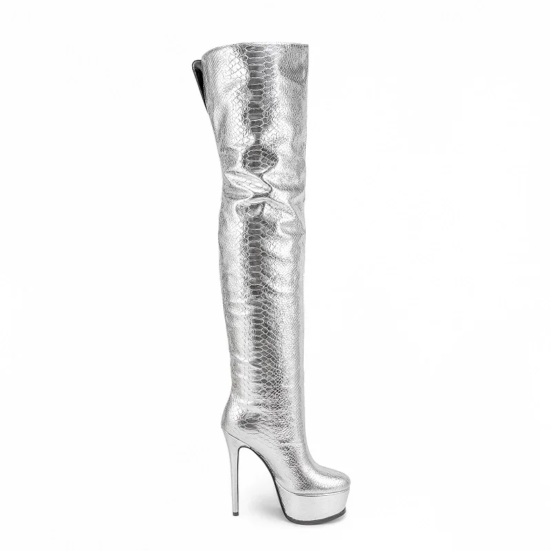 Ultra High Heel Platform Shoes Over The Knee High Boots Women Side Zip American Ladies Shoes Silver Boots Large Size 47