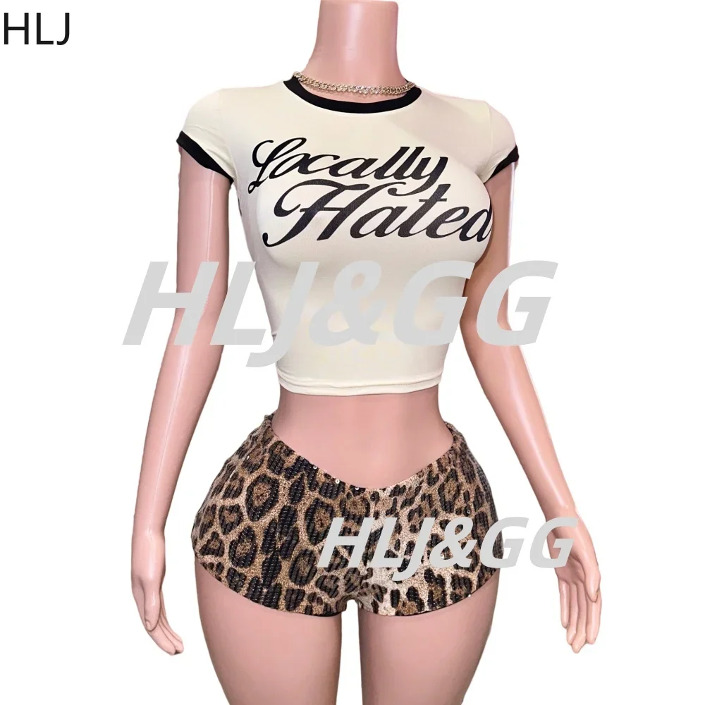 HLJ&GG Y2K Fashion Letter Harajuku Tshirts Two Piece Sets Women O Neck Short Sleeve Crop Top And Leopard Sequin Shorts Outfits