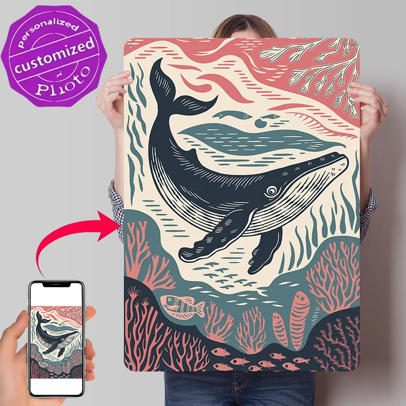 Whale in the Ocean Linocut Print Personalized 3D Textured Metal Poster Wall Art Vintage Tin Signs for Home Decorations Wand Deko