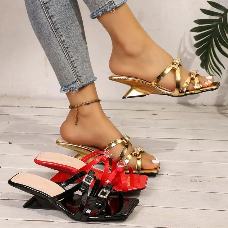 Fashion Bowknot Thin Heels Slippers Women Sexy Square Toe Summer 2025 Slides Female Footwear Golden Brand Sandals Women Shoes