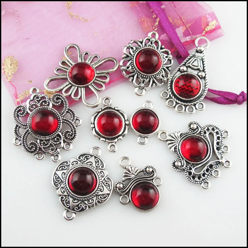 Fashion New Clover Flower Cross Crown Teardrop Charms Connectors 10mm Red Glaze Tibetan Silver Plated Pendants Retro