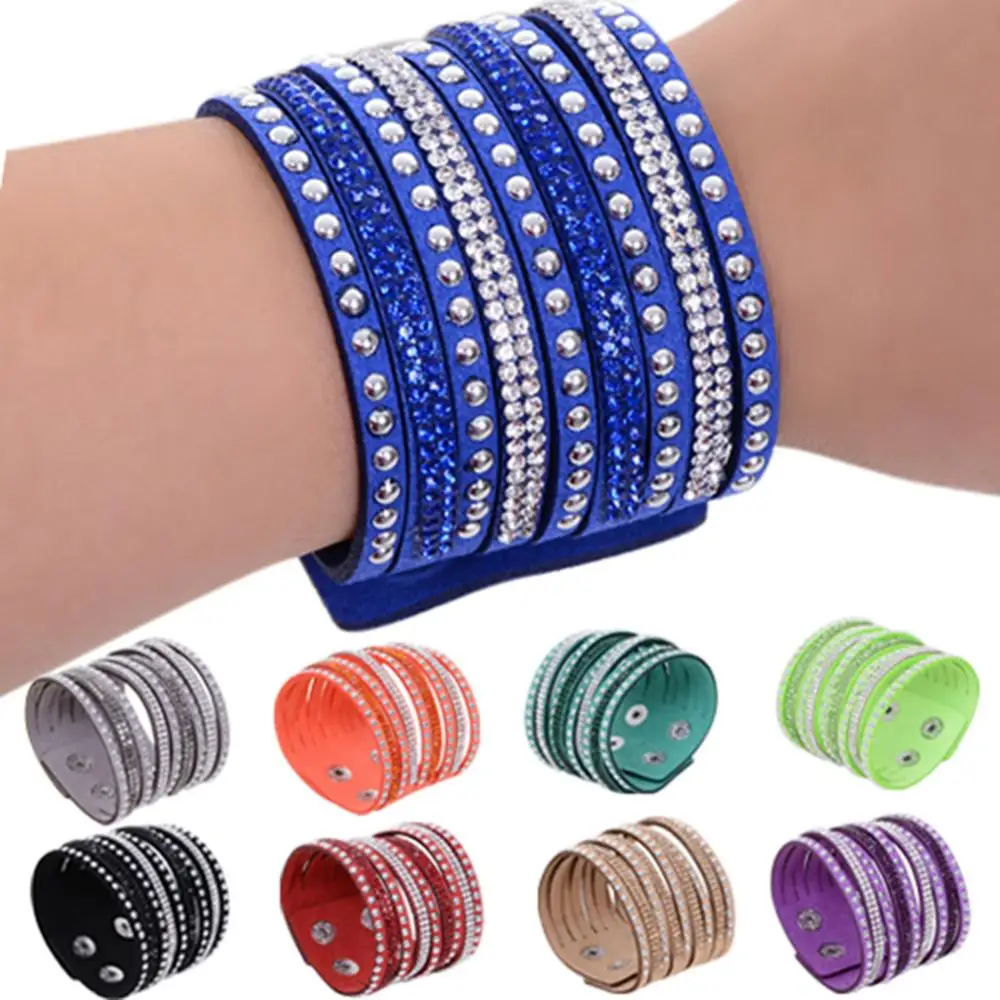 Bracelet Gift Women\'s Multilayer Rivet Rhinestone Velvet Cuff Bangle Wristband Gift