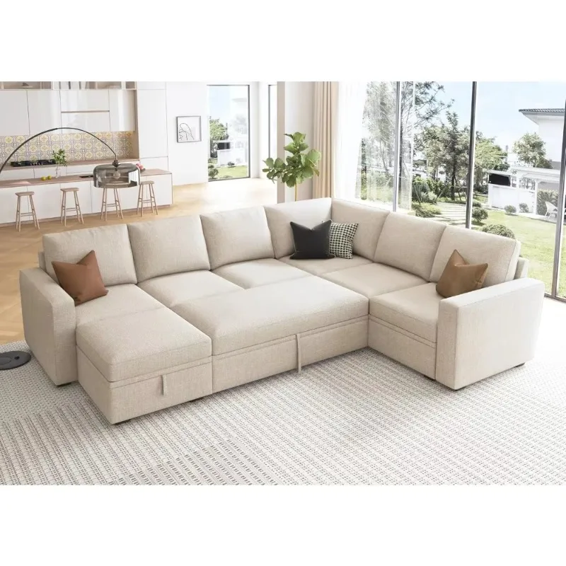 Modular Combination Sleeper Sofa with Pull-out Bed, U-shaped Combination Sofa with Storage Ottoman Convertible