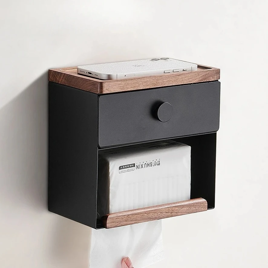 kitchen-and-bath-roll-paper-box-multi-purpose-shelf-household-tissue-box-solid-wood-pumping-walnut-paper-box
