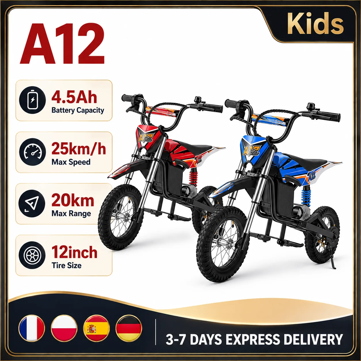 IScooter A12 Moto Elettrica da Fuoristrada per Bambini 350W 4.5Ah Velocità Massima 25km/h Ruote da 12 Pollici per Trail Riding