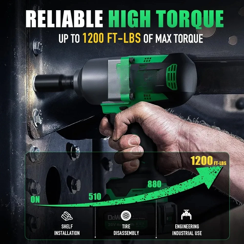 High Torque 1200 Ft-lbs Brushless Impact Gun, 20V Power 4.0 Ah Battery, Fast Charger