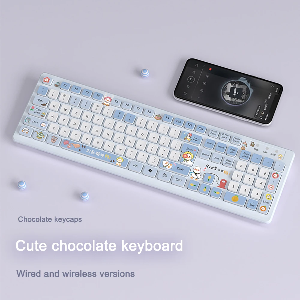 Kawaii Wired Keyboards Pink Wireless Keyboard Gaming Accessories Cartoon Cute Chocolate Mute Keyboard Notebook Desktop Computer