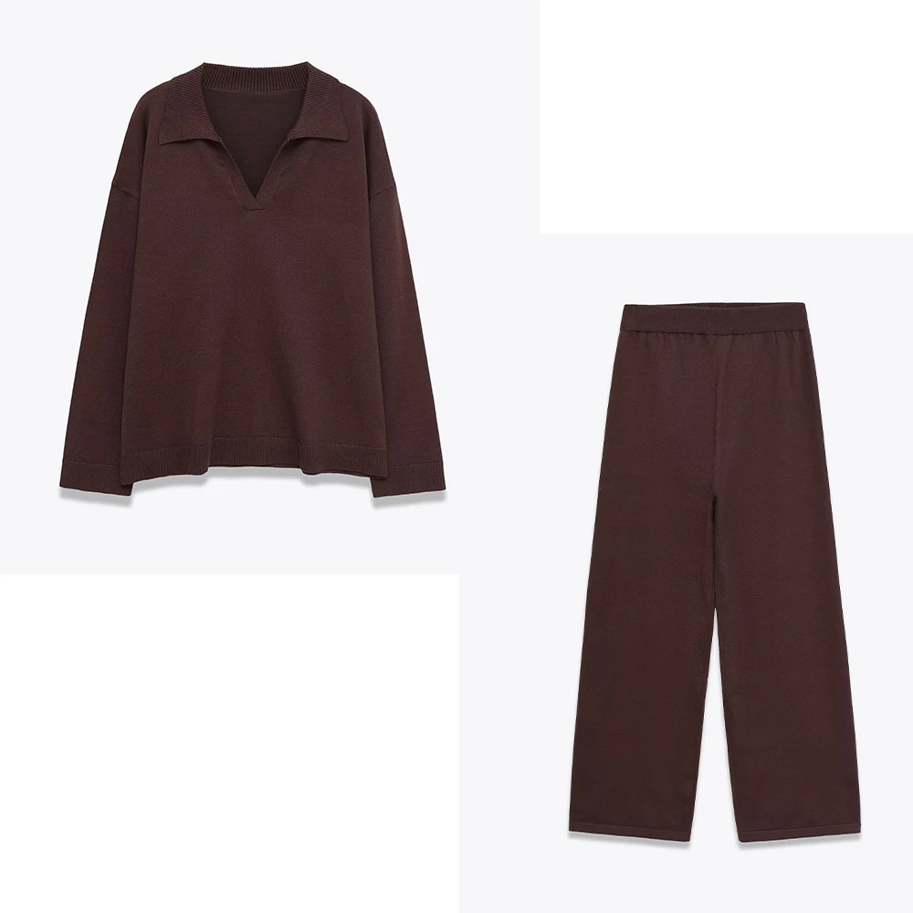 Neue Damenmode im europäischen und amerikanischen Stil, einfacher Kragen, einfarbig, gestricktes Top, Freizeithosen-Set