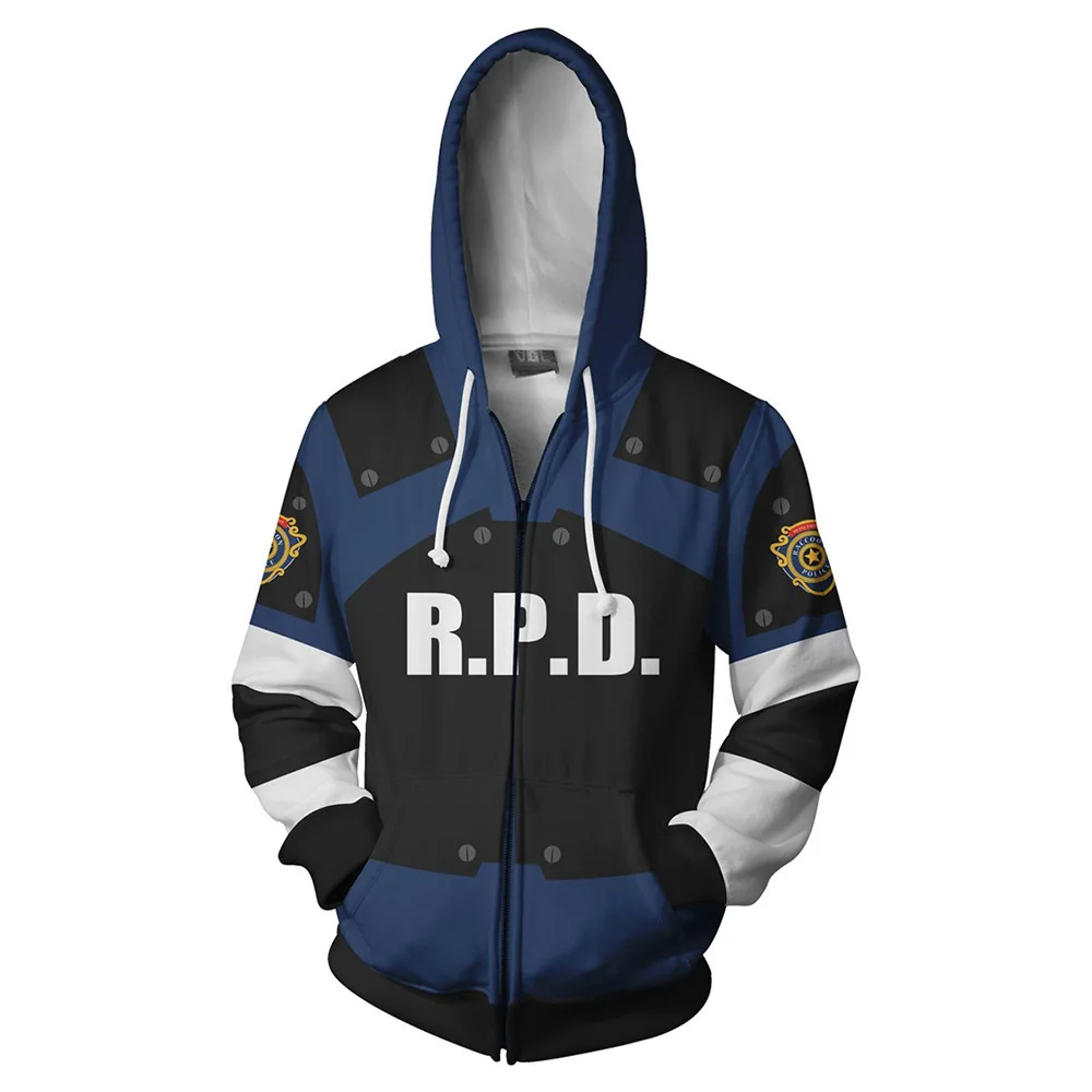 Evil Village RPD Leon Scott Kennedy Cosplay Hoodie Sweatershirt Causal Zipper Jacket Coat Hooded Sweatshirt Costume