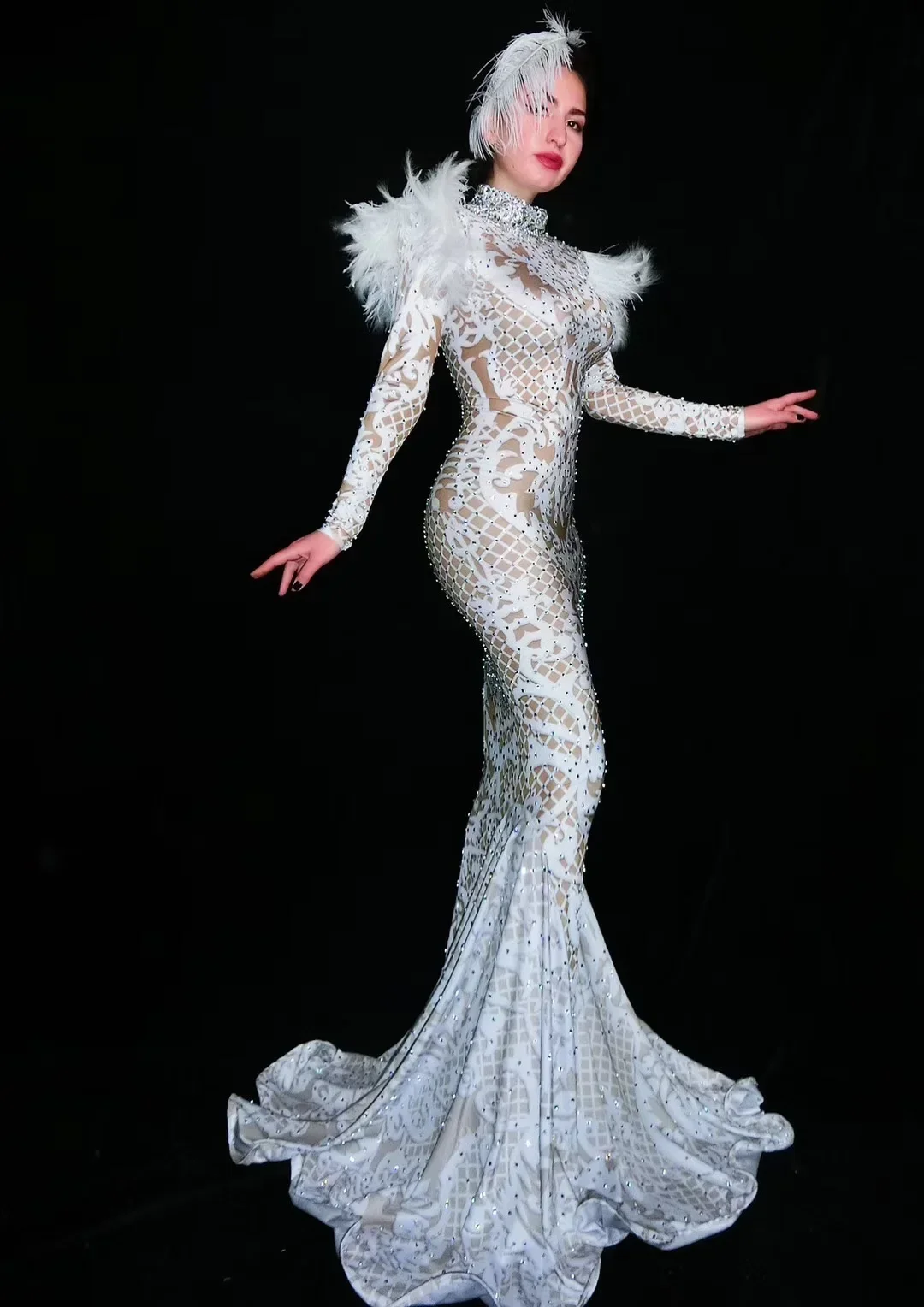 Women Evening Costume Prom Celebrate Big Tail Dresses Women Party Wear Dress White Feather Shoulder Rhinestone Long Train Dress