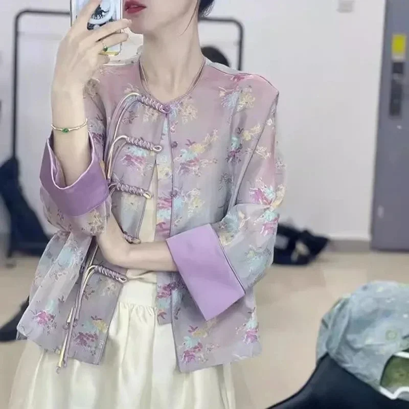 

Women's Purple Youth Edition Short Stand Collar Button Coat Women's Spring Autumn Style Elegant Print Top 2025 New Chinese Style