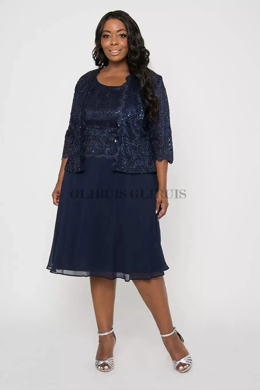 

Navy Blue Mother of the Bride Dresses Plus Size Lace Three Quarters Lace Jacket Wedding Guest Dress for Women Short Prom Gowns