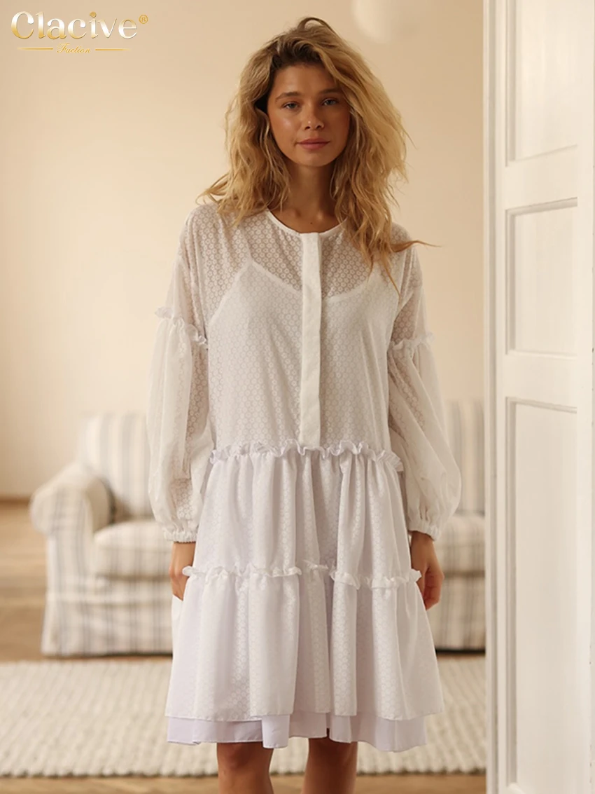 

Clacive Fashion Loose White Women's Dress 2025 Casual O-Neck Long Sleeve Mini Dresses Elegant Classic Ruffles Female Dress