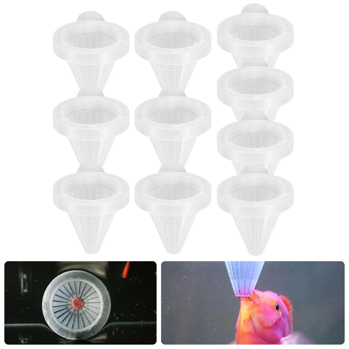 10Pcs White Aquarium Fish Feeding Cup Diameter 5cm Plastic Mini Grid Conical Fish Tank Feeder with Suction Cup Aquarium Supplies