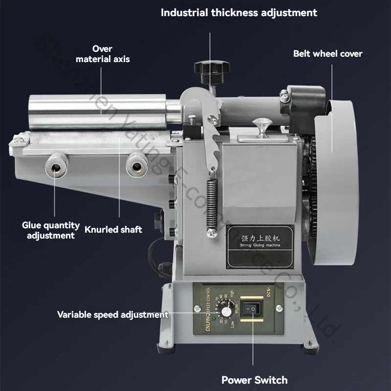 Manual adhesive application equipment for footwear leather; yellow adhesive applicator with speed control.