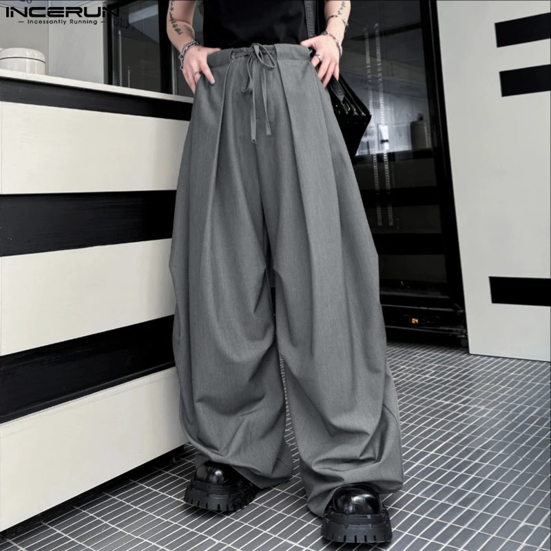 

INCERUN Men Pants Solid Color Lace Up Joggers Loose Casual Trousers Men Streetwear 2025 Pleated Fashion Male Long Pants S-5XL
