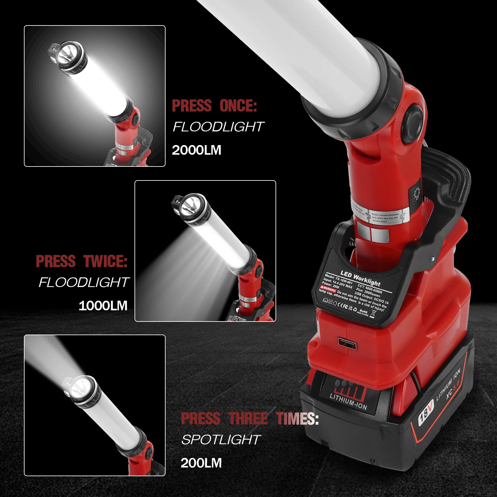 For Milwaukee 2400LM LED Work Light Clip on Light M18 Lithium Battery 30W Flood Light with a Handle