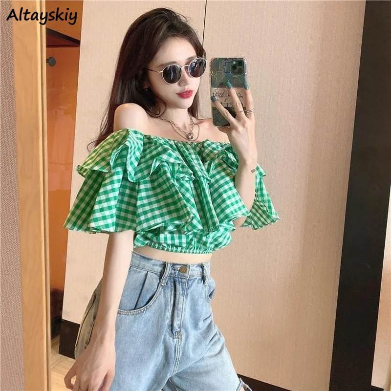 Chemisiers femmes Plaid Design été volants manches courtes culture hauts mode coréenne Harajuku Slash cou élégant rétro Sexy décontracté