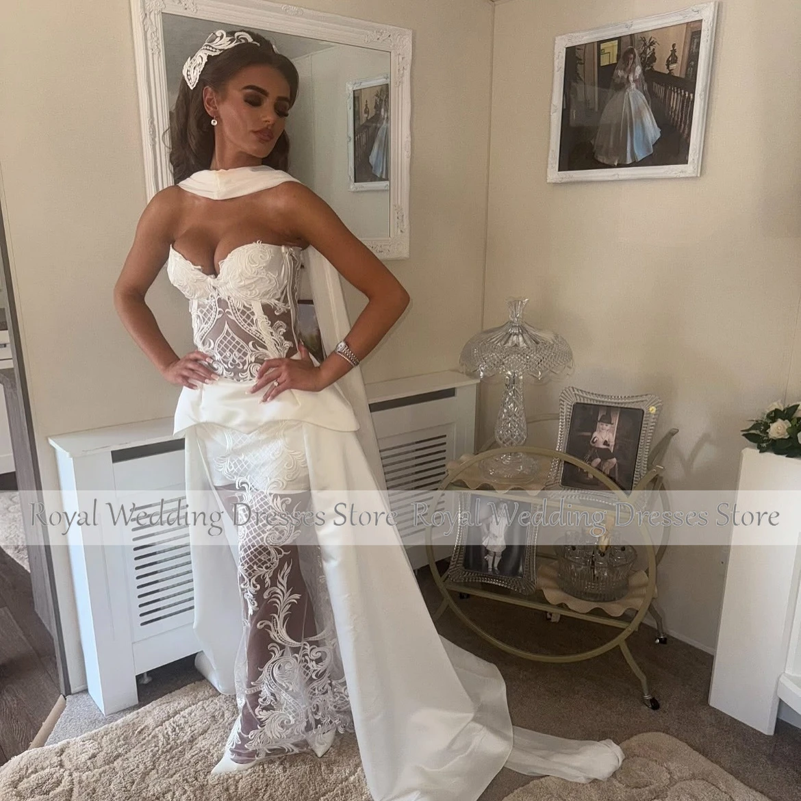 Customs Ivory Lace Wedding Dress Sleeveless Mernaid Wedding Gown Floor Length Saudi Bridal Dresses With Scarf image 2