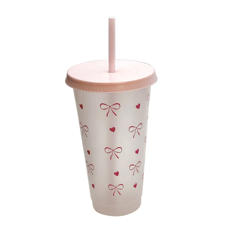 ZZ bouteille d'eau gobelet esthétique pour glace café jus thé mignon nœud papillon tasses en plastique avec couvercle en paille bouteille à boire Portable